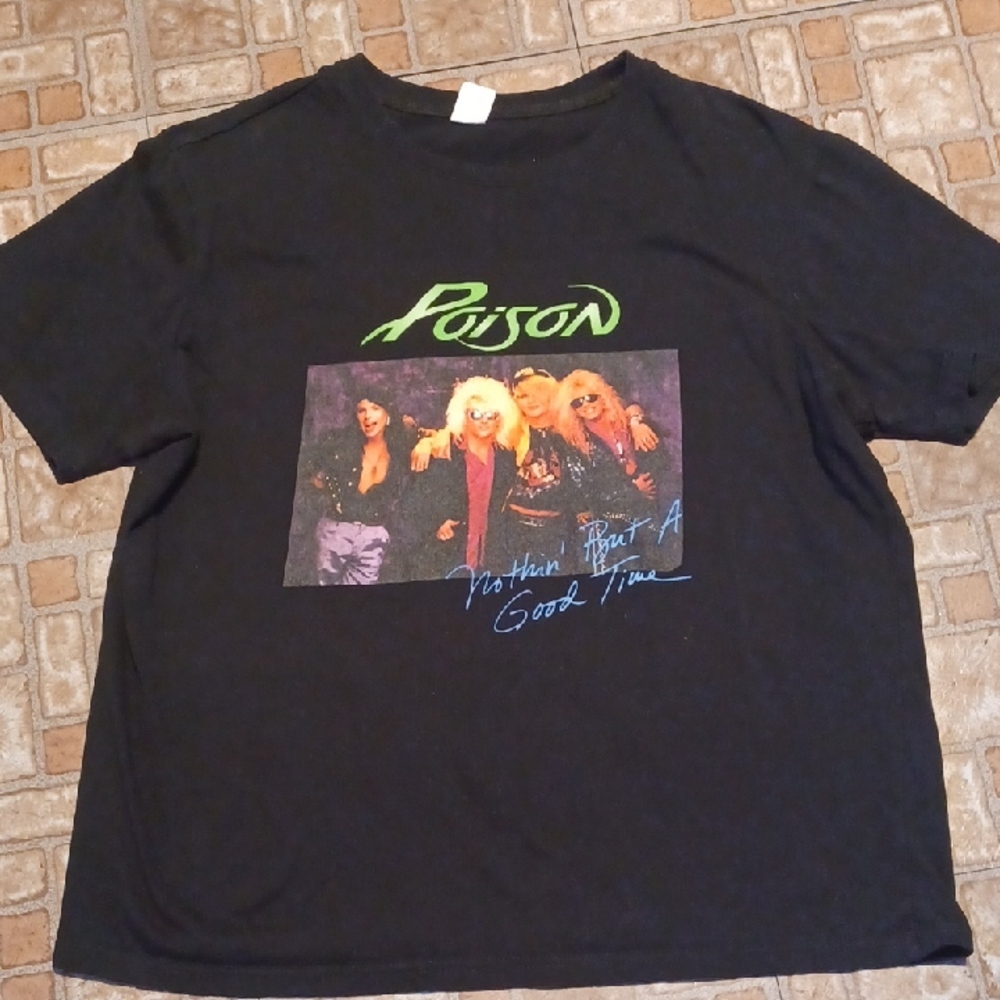 Vintage Black Graphic Tee with Green and Blue Accents Rock Band Tee